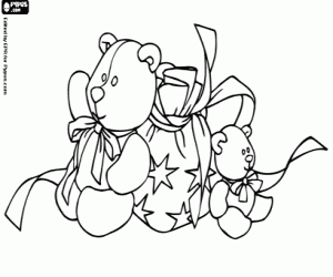 desenho de Saco com estrelas cheio de presentes de Natal e dois ursos de pel�cia para colorir