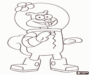 desenho de Sandy Bochechas, um esquilo que deve usar um terno e um capacete especial para viver debaixo d