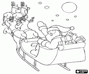 desenho de Santa Claus saudando com a m�o do tren� m�gico carregado com presentes para colorir