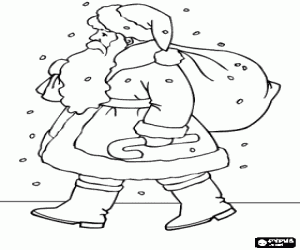 desenho de Santa Claus transportando um saco cheio de presentes sob a neve para colorir