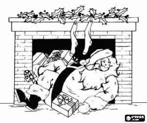 desenho de Santa no ch�o em frente � lareira para colorir