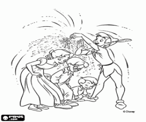 desenho de Sisinho e Peter Pan atirar poeira m�gica a Wendy, John e Michael, para que possam voar para colorir