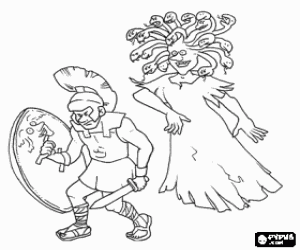 desenho de Soldado grego com o seu capacete, espada e escudo com Medusa, uma gorgona, nas suas costas para colorir