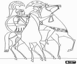 desenho de Soldados gregos em cavalos, os cavalheros com seus capacetes e suas capas para colorir