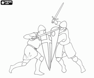 desenho de Soldados que lutam com espadas e escudos para colorir