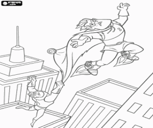 desenho de Sr. Incr�vel pegando pela capa ao S�ndrome no c�u da cidade para colorir