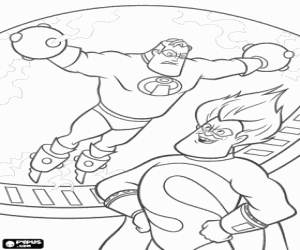desenho de Sr. Incr�vel prisioneiro cara a cara com o mau S�ndrome para colorir