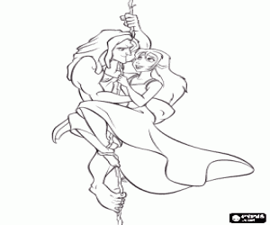 desenho de Tarzan e sua amada Jane abra�odos e pendurando de uma liana ou cip� para colorir