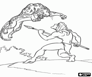desenho de Tarzan lutando com sua lan�a contra o grande salto de um leopardo para colorir
