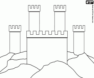 desenho de Torres com merlones de um castelo que repousa sobre as rochas para colorir
