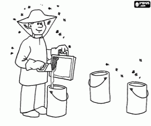 desenho de Trabalhador coletando mel das abelhas em diferentes recipientes para colorir