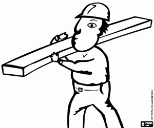 desenho de Trabalhador da constru��o carregando uma prancha de madeira no ombro para colorir