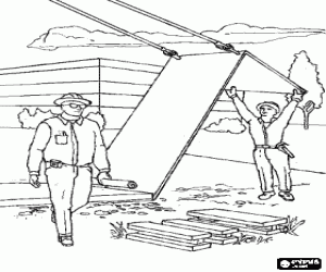 desenho de Trabalhador erguem uma cofragem com a ajuda de um guindaste, o engenheiro-chefe para acompanhar o trabalho para colorir