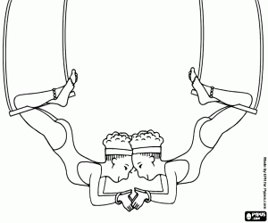 desenho de Trapezistas realizando acrobacias no trap�zio para colorir