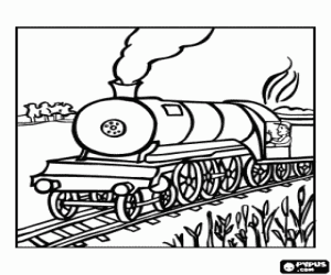 desenho de Trem do vapor com o maquinista na paisagem para colorir