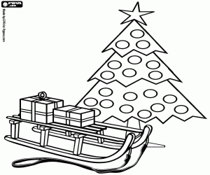 desenho de Tren� com presentes ao lado de uma �rvore de Natal para colorir