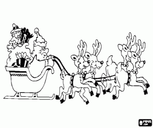 desenho de Tren� de Natal puxado por renas m�gicas e carregado de presentes, Papai Noel e um elfo para colorir