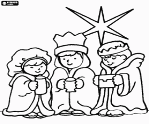 desenho de Tr�s crian�as vestidas como os tr�s Magos do Oriente com a Estrela de Bel�m para colorir