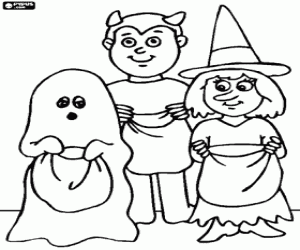 desenho de Tr�s crian�as vestidas para o doce ou travessura - Um fantasma, uma bruxa e um dem�nio com sacos para colorir