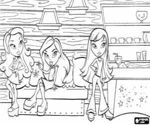 desenho de Tr�s meninas Bratz com uma bebida no bar para colorir