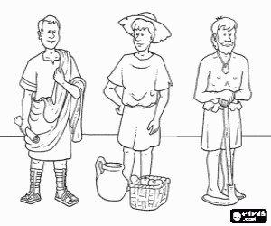 desenho de Tr�s representantes da sociedade romana: o patr�cio (aristocratas propriet�rios), o plebeu (o povo) e o escravo (a maioria dos prisioneiros de guerra) para colorir