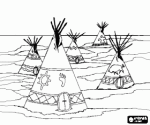 desenho de Um acampamento de tribo ind�gena com tendas ou barracas, na plan�cie para colorir