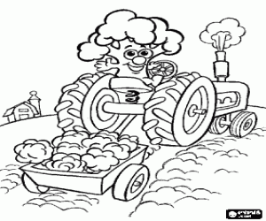 desenho de Um br�colis animada conduzindo o trator no campo para colorir