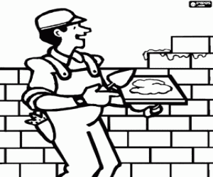 desenho de Um construtor ou pedreiro na constru��o de um muro de tijolos para colorir