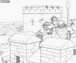 desenho de Um guarda na torre do castelo soprando o corno e com a sua lan�a na m�o para colorir