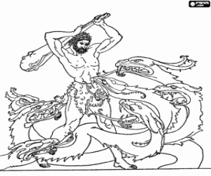 desenho de Um homem enfrenta a Hidra de Lerna, monstro aqu�tico em forma de serpente com sete cabe�as para colorir