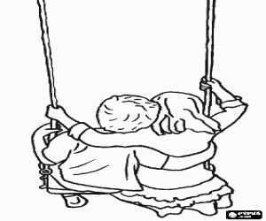 desenho de Um menino e uma menina abra�ados em um balan�o, visto por atr�s para colorir