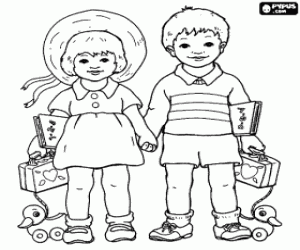 desenho de Um menino e uma menina, cada um com um livro, uma pequena mala e um pato de brinquedo para colorir
