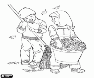 desenho de Um menino e uma menina pegando as folhas caídas no outono com um rodo e um balde para colorir
