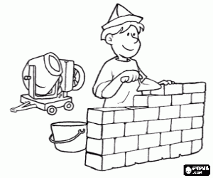 desenho de Um pedreiro que levanta uma parede com a esp�tula e um misturador atr�s para colorir