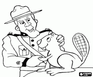 desenho de Um policial da Royal Canadian Mounted acariciando um castor para colorir