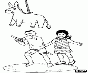 desenho de Um rapaz e uma rapariga tentando a bater um recipiente em forma de um burro com uma vara e de olhos vendados para liberar doce do interior para colorir