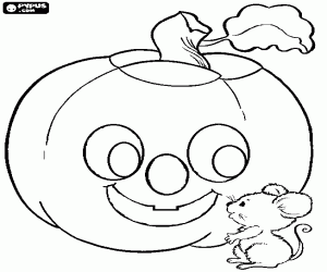 desenho de Um rato amig�vel ao lado de uma ab�bora de Halloween com um rosto sorridente para colorir