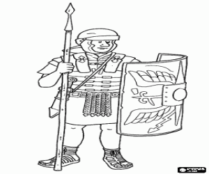 desenho de Um soldado romano, um legion�rio armado com o pilum (lan�a), a espada, o capacete, a armadura e o escudo para colorir