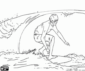 desenho de Um surfista entrando no tubo de uma onda para colorir