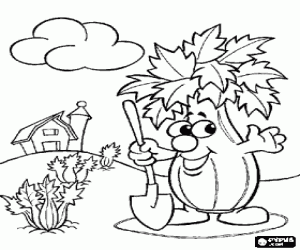 desenho de Um vegetal animado que trabalha na horta para colorir