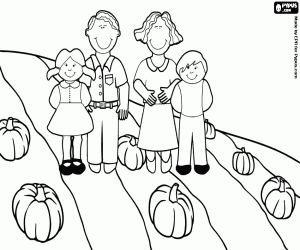 desenho de Uma família no campo durante o outono com a colheita de abóboras para colorir