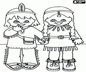 desenho de Uma menina e um menino �ndios com roupas t�picas de seu povo para colorir