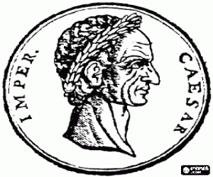 desenho de Uma moeda de prata da antiga Roma, um den�rio com a cara de J�lio C�sar ou Iulius Caesar vestindo uma coroa de louro para colorir