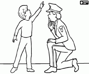 desenho de Uma policial ouvindo atentamente as explica��es de uma crian�a para colorir