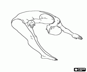 desenho de Uma saltadora num salto para a frente com as pernas e os bra�os estendidos em uma competi��o de salto ornamental para colorir