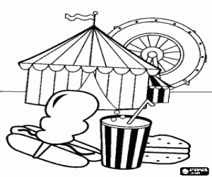desenho de Uma tenda de circo com uma roda gigante no fundo do justo e alimentos e bebidas em primeiro plano para colorir