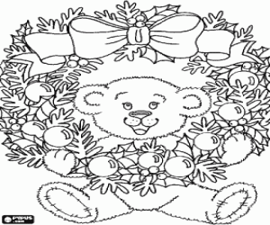 desenho de Ursinho de pel�cia com uma grande coroa de Natal decorada com um gran la�o e bolas para colorir