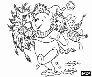 desenho de Ursino Puff ou Winnie the Pooh e Piglet no transporte de uma �rvore de Natal para colorir