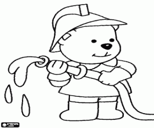 desenho de Urso bombeiro com uma mangueira vertendo �gua para colorir