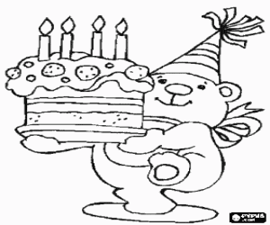 desenho de Urso Teddy com um chap�u e uma festa de anivers�rio com bolo velas acesas para colorir